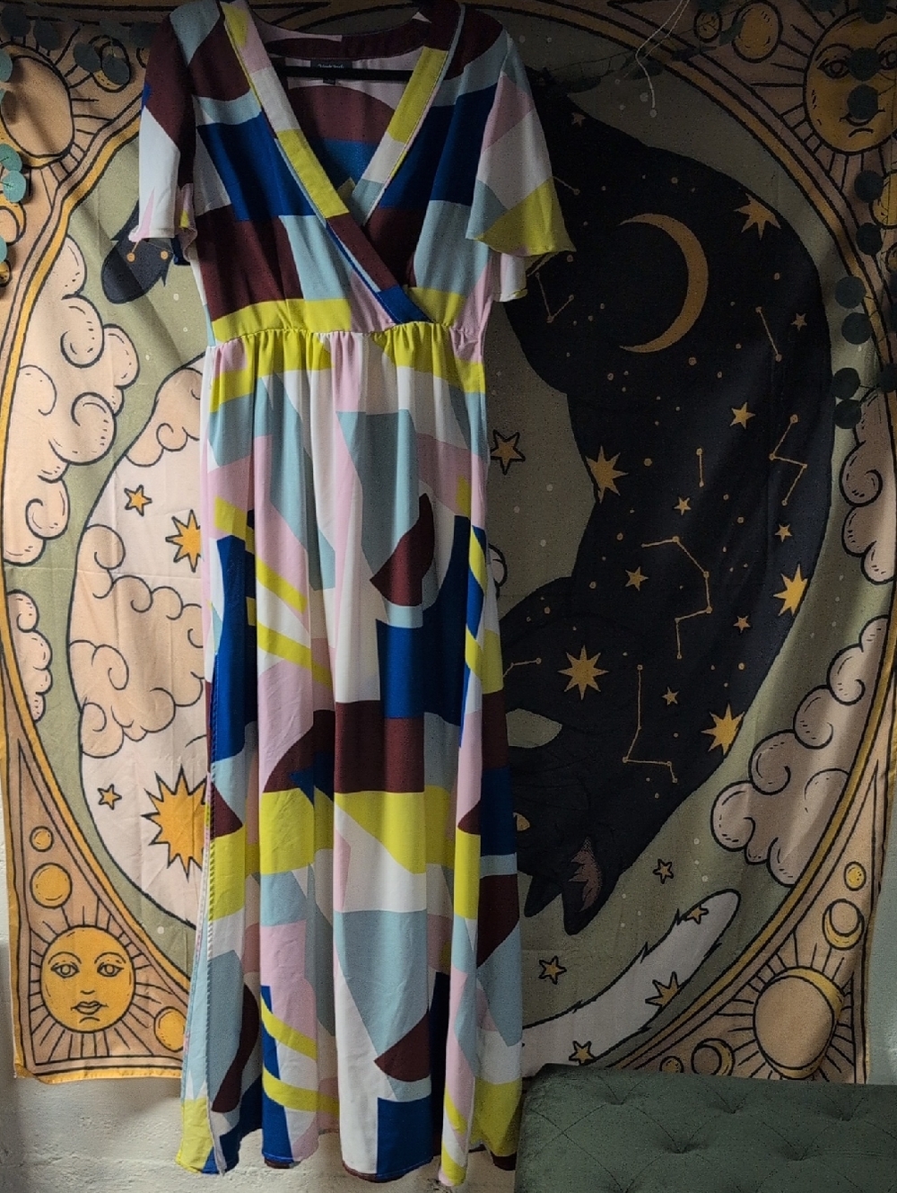 ModCloth Multicolor Geometric Maxi Dress - Blue, Pink, Yellow, Brown